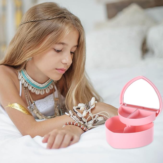 jojofuny Heart Shaped Jewelry Box Double Layer Decorative Storage Case with Mirror Desktop Organizer for Necklace Earrings Rings 5.31 X 5.31 X 2.16 in Gift for Girls
