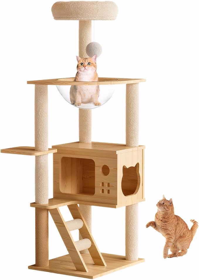 Cat Tree & Litter Box Enclosure,Modern All-in-one Indoor Cats Tower with Large Platform, Cat Condo with Wood House, Food Station, Hammocks (45.8“)