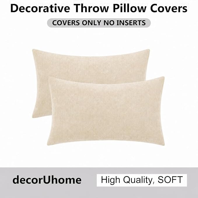 decorUhome Soft Chenille Beige Throw Pillow Covers 12X20 Set of 2 | Decorative Fall Couch Pillow Covers Solid Dyed Accent Modern Farmhouse Neutral Rectangle Pillow Cases for Sofa
