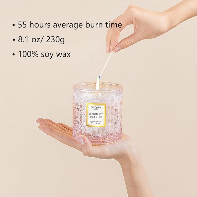 Rose Scented Candle, Oud Candle, Mothers Day Candles Gifts for Women, Pink Candles for Home Scented, 55 Hours Long Burning, 100% Natural Soy Wax