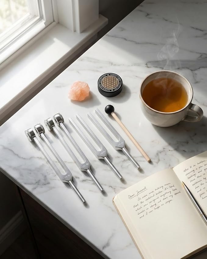 Tuning Forks for Healing Set - 128Hz, 136.1Hz, 256Hz, 384Hz for Stress Relief, Anxiety & Sleep, Healing Crystal Stone - Zen Tools, Mindfulness Yoga Accessories - Spiritual Gift
