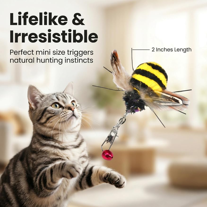 Cat Insect Feather Toys Replacement - 2 Pcs Handmade Natural Bees - Cat Toy Wand Refills - Interactive Kitten Teaser Wand Attachments - Cat Toys for Indoor Cats Play