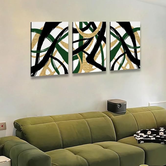 3 Pcs Framed work Abstract Lines Canvas Wall Art Modern Black, Green, Gold Geometric Brushwork Prints Posters Abstract Line Images Framed gallery packaging artwork for living room prints bedroom office and home decor 16X24Inch