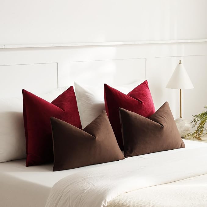 Throw Pillow Covers 22x22 Wine Red: Pack of 2 Cozy Soft Velvet Square Modern Luxury Decorative Throw Pillow Cases for Christmas Sofa Couch Living Room Bed Home Decor