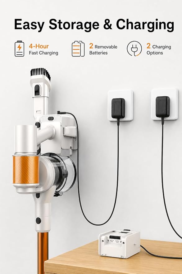 Cordless Stick Vacuum Cleaner, 2 Batteries 110 Mins for Home, Pet Hair | 600W 50KPA Powerful, Self-Standing, Tangle-Free Brush, LED Display, Vacuum Cleaner for Hardwood Floor, Carpet