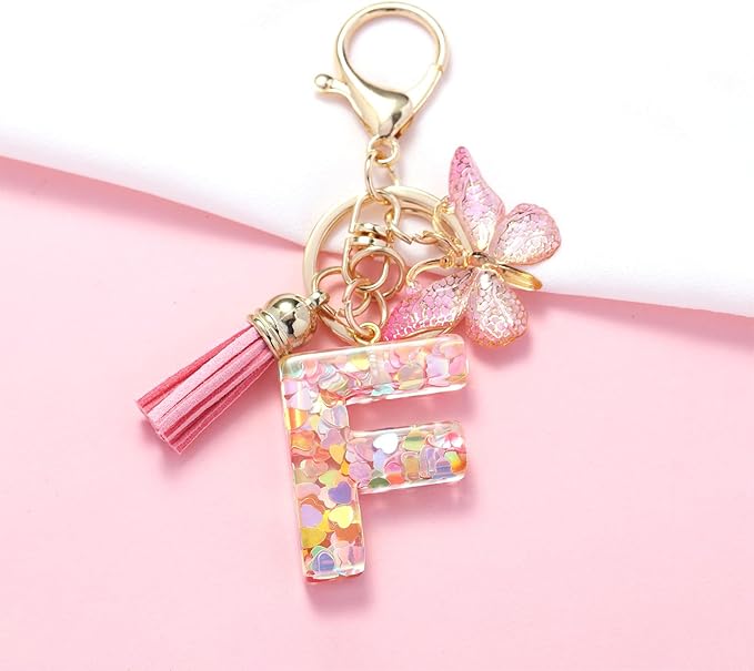 Fashion Alphabet Initial Letter Keychain Tassel Butterfly Pendant Key Ring for Purse Handbags Women Girl