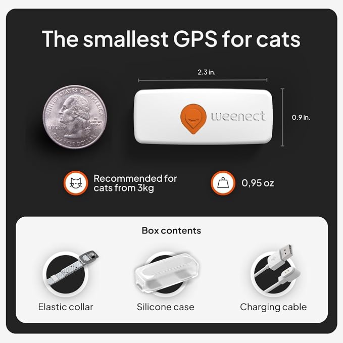 Weenect Cat XS - GPS Tracker for Cats | Real-time GPS Tracking | Smallest Model on the Market | Operates with a Subscription | Collar Included