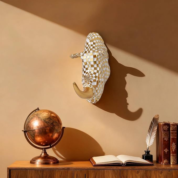 GIGICICI 9.2x4.7-Inch Vintage Mosaic Rhino Head Wall Sculpture Art Mount Statue for Room Bedroom Office Living Decor(White Gold)