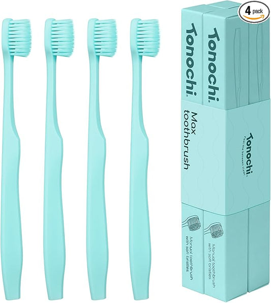 Tonochi Max Extra-Soft Toothbrush for Adults Sensitive Gums – Gentle Bristles, Wide Angled Head for Back Teeth, Ergonomic Non-Slip Grip, BPA-Free Handle, Individually Wrapped, 4-Pack(Green)