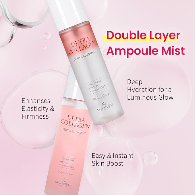 The Skin House Ultra Collagen Dewy & Glow Ampoule Mist I Retinol, Niacineamide, Adenosine| Glowy Collgen Ampoule & Double Layer Mist Spray I Korean Skincare [80ml/ 2.70 fl.oz]