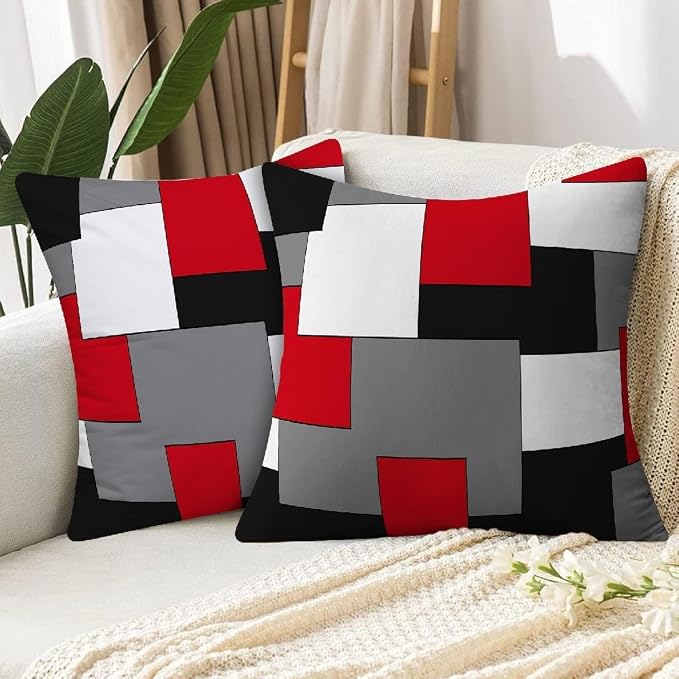 Modern Art Geometric Pillow Cover, Decorative Throw Pillow Covers Red Black Grey Abstract Artwork Cushion Cover for Bedroom Sofa Living Room 22 x 22 Inch Set of 2