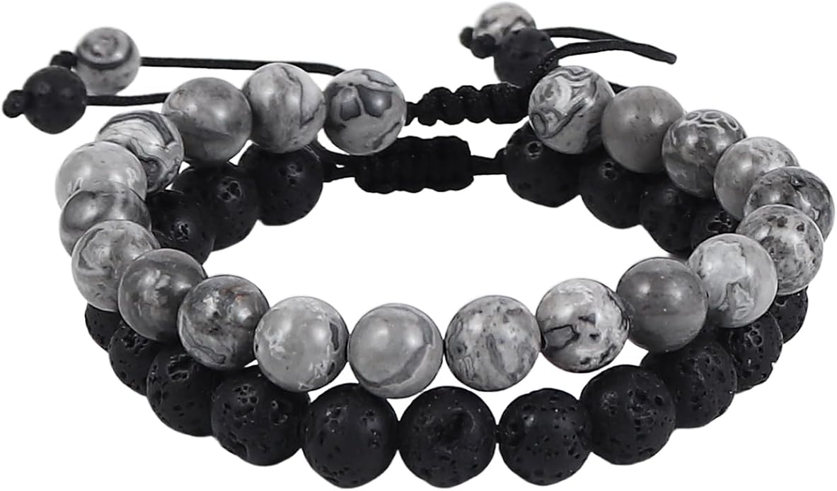 Caiyao 2Pcs Matte Lava Rock Volcanic Stone Beads Stretch Bracelet Stacking Essential Oil Diffuser Tiger Eye Seed Energy Yoga Bracelet for Men Women Couple Stress Relief Healing Aromatherapy Jewelry