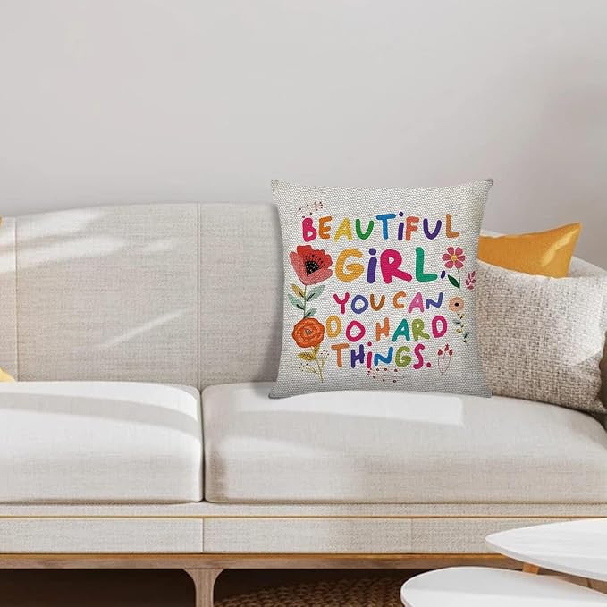 Littlefa Beautiful Girl You Can Do Hard Things Decorative Pillow Cover | Beautiful Girl You Can Do Hard Things Inspirational Pillow Case, Motivational Colorful Pillow Cover for Girls Teens Kids