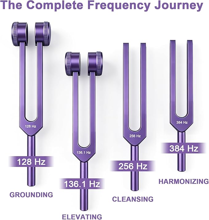 Tuning Forks for Healing Set — Includes 4 Frequency Tuning Forks (128Hz, 136.1Hz, 256Hz, 384Hz) and Reflex Hammer, Sound Healing Instruments for Chakra Sound Therapy, Yoga & Meditation Accessories