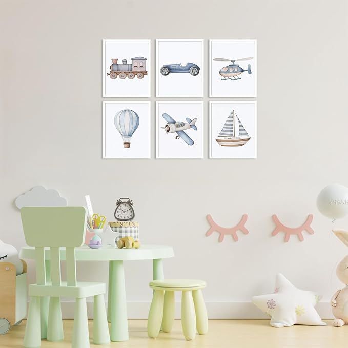 Nursery Car Wall Art Set of 6, Baby Boys Poster Canvas Prints, Blue Kids Car Train Plane Boat Hot Air Balloon Wall Decor Toddler Vehicle Painting Watercolor Artwork Picture 12x16 inch Unframed