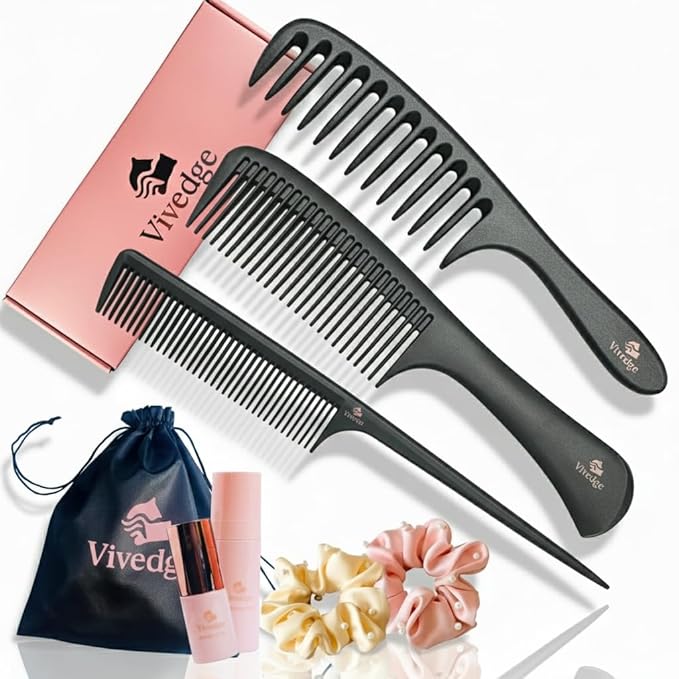 VIVEDGE| Carbon Comb Set for Curly Hair | Anti Static Frizz-free Detangling Wide Tooth Parting Combs with Premium Hair Acccessories for Styling | Gift set for loved ones(Pink-Light Yellow)