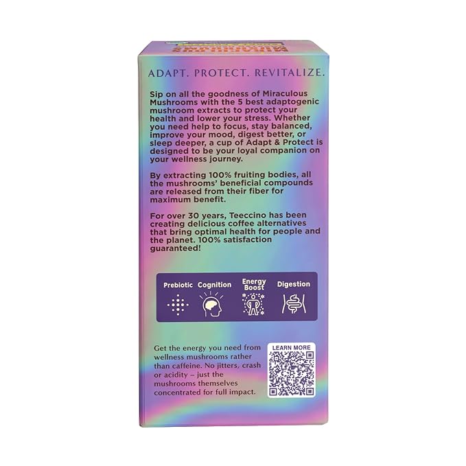 Teeccino Miraculous Mushrooms Adapt & Protect Herbal Tea By Teeccino, 25 Tea Bags - Five Organic Adaptogenic Mushrooms with Chicory & Cacao, 3x More Herbs than Regular Tea Bags, Caffeine Free, Prebiotic