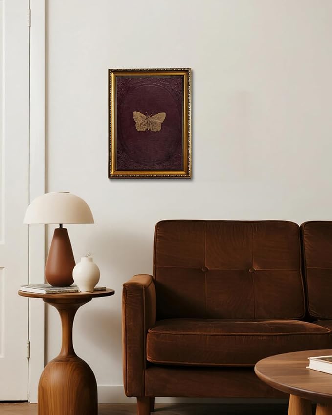 ZLPLLHA Vintage Gold Framed Wall Art Butterfly Wall Decor Moody Canvas Art Insect Pictures Victorian Paintings Burgundy Artwork for Bedroom Living Room