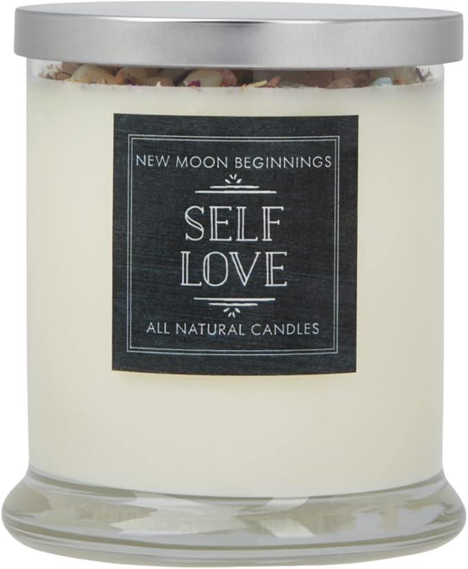 Self Love Candle by New Moon Beginnings - Negative Energy Cleansing - Handmade Aromatherapy Soy Candle - Dried Flower, Herb, & Crystal Candle - 12oz Glass Jar