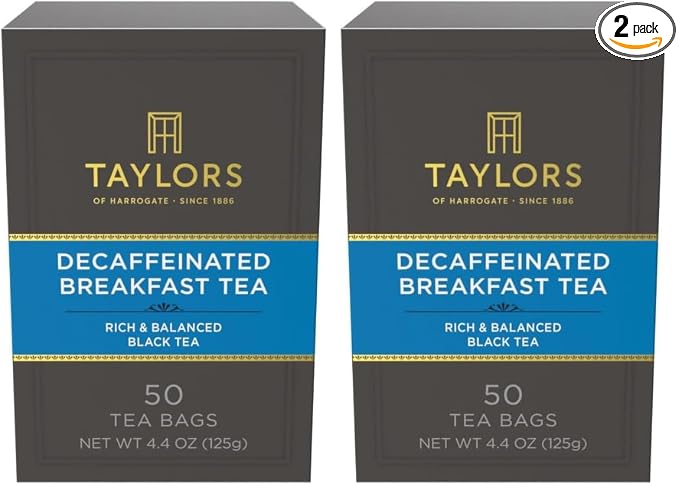 Taylors of Harrogate Decaffeinated Breakfast,Black Tea,Pillow Bags,Rich,Bright & Balanced,Decaffeinated,Enjoy Hot or Iced,50 Teabags,50 Count (Pack of 2)