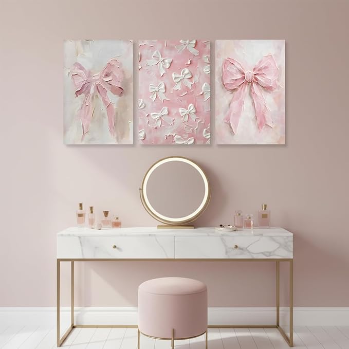 Pink Bow Canvas Wall Art Set of 3 Trendy Preppy Oil Painting Posters Wall Decor Cute Coquette Print Picture Girly Aesthetic for Back to School Girls Bedroom Bathroom College Dorm 12x16 In Framed