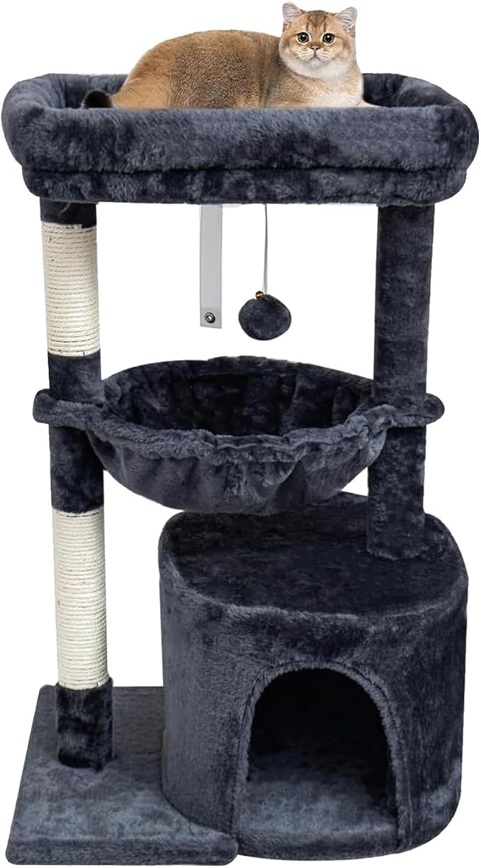 SYANDLVY Small Cat Tree for Indoor Cats, Cat Tower with Scratching Post | Modern Cat House with Padded Perch, Kittens Condo with Cradle, Smoky