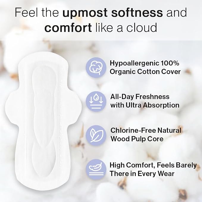 SANDIS Feminine Pad for Women - Regular 56 Count 100% Organic Cotton Ultra Thin with Wings for Periods Menstrual Pads Sanitary Napkins Super Absorbency Leak Protection