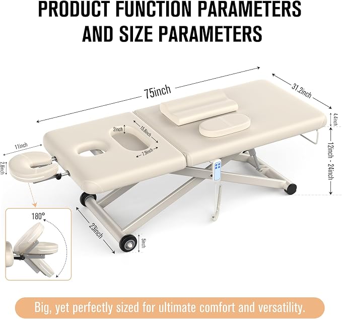 Olela 2 Motor Electric Massage Table, Heavy Duty Massage Table with Electric Backrest & Electric Lift, 31.2" Wide Professional Esthetician Bed for Spa, Beauty, Treatment, Metal Frame, PU Leather