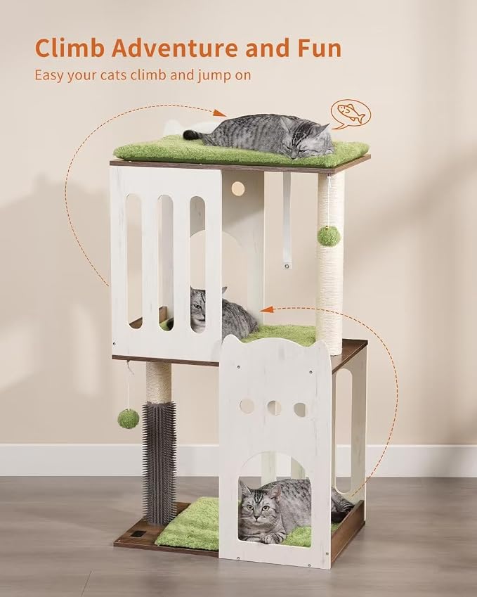 43.7in 3-Tier Modern Cat Tree Tower Condo, Cat Scratch Posts for Indoor Cats, Big Plate, Two 19.7in Full Sisal Scratching Posts, White