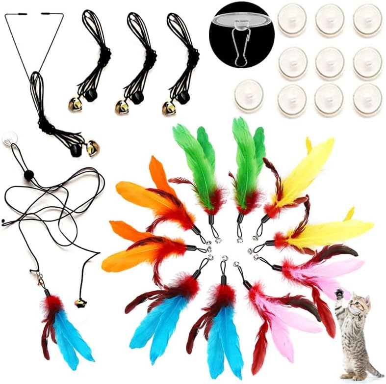 Door Hanging Cat Toys with Suction Cups, Interactive Hanging Feather & Plush Cat Toy with Bell, Assorted Replaceable Refills for Indoor Kitten Hunting Exercise (Feather Set (10Pcs))
