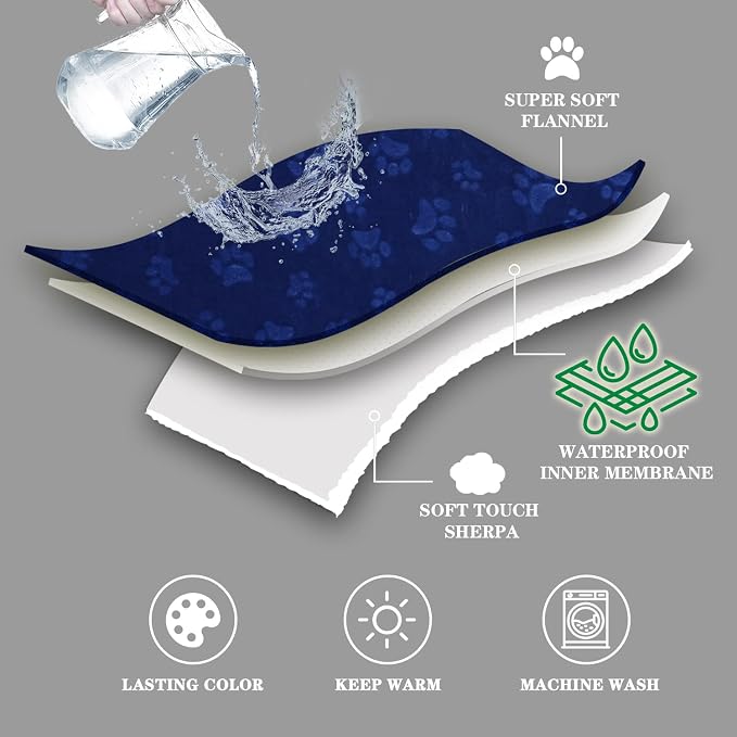 Dog Blankets for Large Dogs - Waterproof Cat Blanket Washable - Sherpa Fleece Puppy Blanket, Soft Plush Reversible Throw Protector for Bed Couch Car Sofa, 60"X80", Navy Blue
