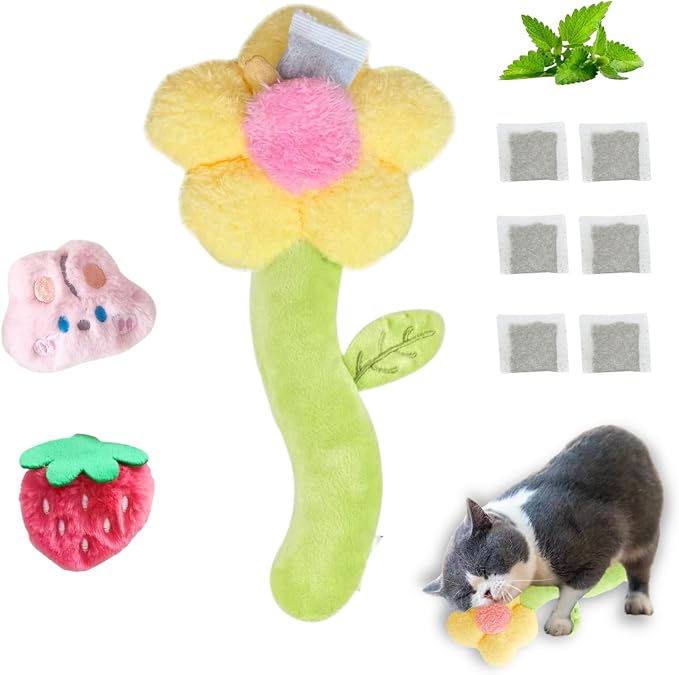 CECE PAW 3 PCS Catnip Toys, Includes 6-Pack Catnip Pouches, Catnip Refillable Interactive Cat Toy with Crinkle Sound, Bunny Easter Kicker Toy for Indoor Cats, Chew, Food Puzzle for Kitten Enrichment