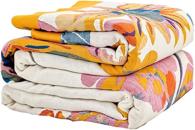 XIBLC Boho Throw Blanket, 100% Cotton Ultra Soft Luxury Throw Rustic Quilt, 50"x60" Floral Bird Butterfly Farmhouse Decor Bed Blankets, All Season Rustic Reversible Bohemian Throw for Bed - Yellow