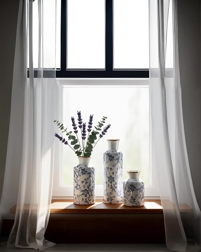 Blue and White Ceramic Vase Set of 3, Vintage Floral Vases for Home Decor | Crackle glaze and distressed rims for living room, mantel and table centerpieces