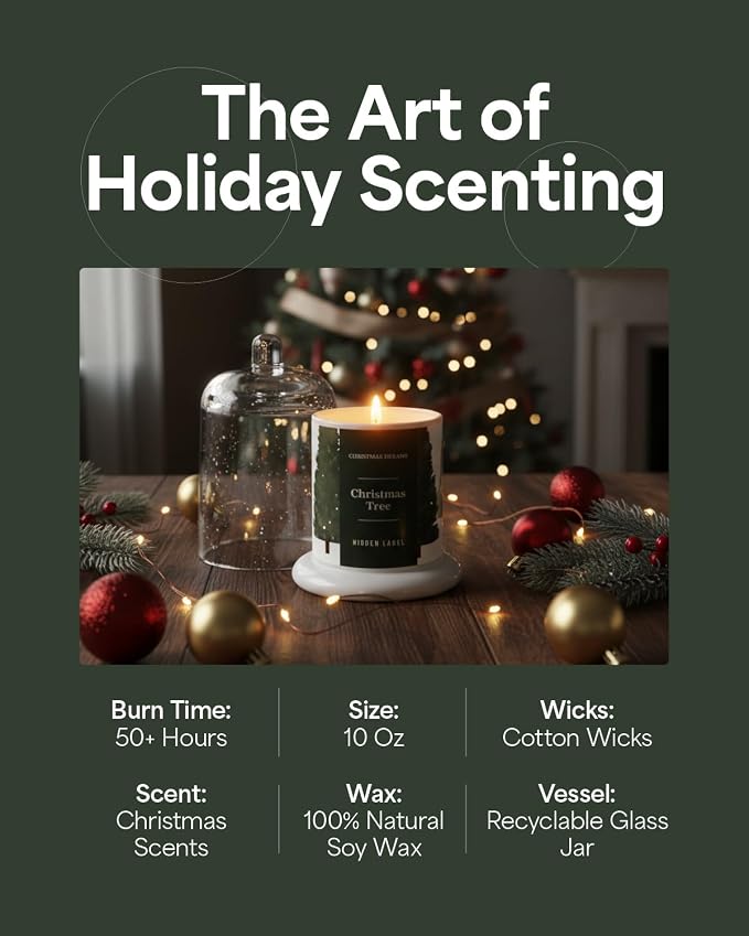 Hidden Label Christmas Tree Candle, 10oz Bell Jar, 60H Soy Wax | Fresh Pine Aromatherapy | Non Toxic Clean Burn | Holiday Gift Ready | Evergreen Forest Scent