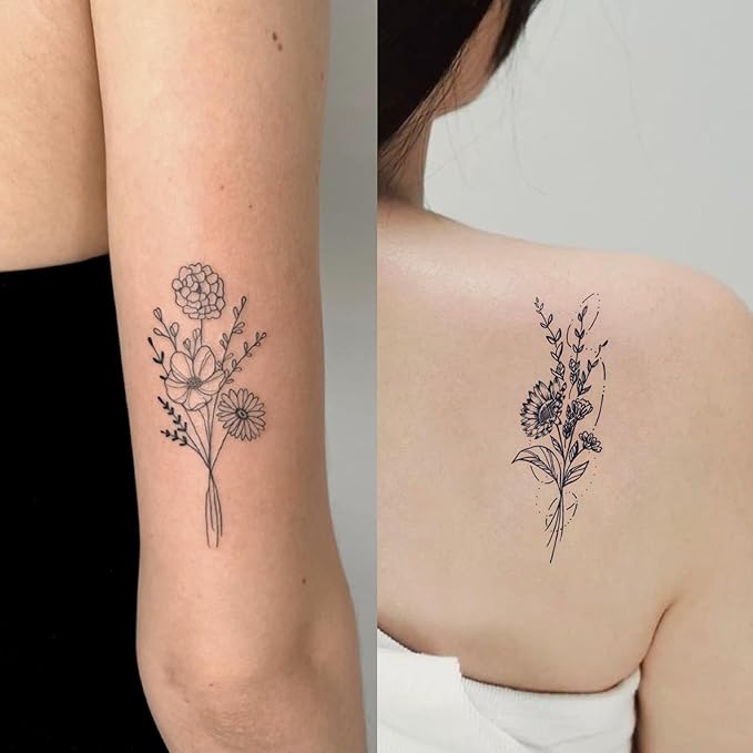 Semi Permanent Tattoo, 2 Sheets Long Lasting Dandelion Temporary Fake Tattoos For Women Arm Ankle Back，Sunflower Hydrangea For Women Adults Girls, Realistic, Waterproof and Non-Reflective
