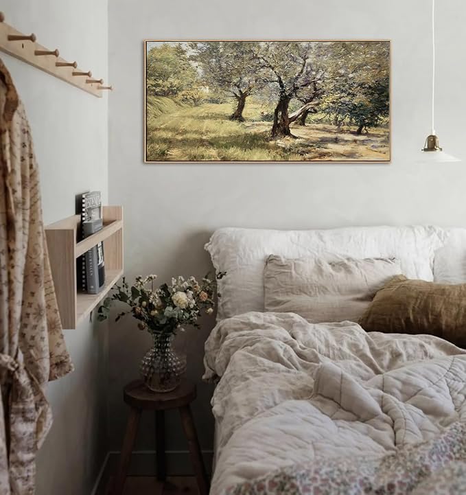 DJSYLIFE Large Framed Wall Art, Vintage Olive Grove Landscape, 20x40 Inch | Farmhouse Tree Canvas Print, Solid Wood Frame, Ready to Hang, Fade-Resistant Ink, Decor for Living Room, Bedroom, Above Bed