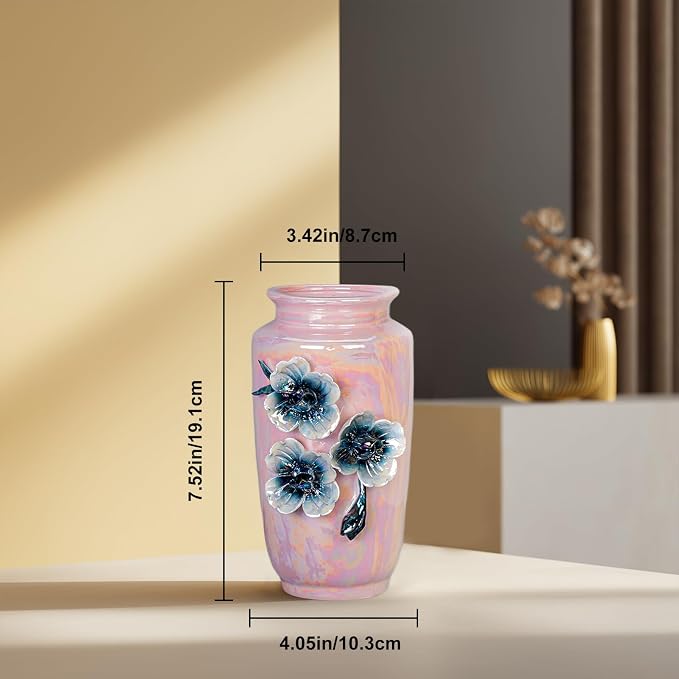Pink Ceramic Vase 7 Inch - Cute Small Vase for Flowers, Aesthetic Room Decor for Teen Girls, Coquette & Pink Office Decor