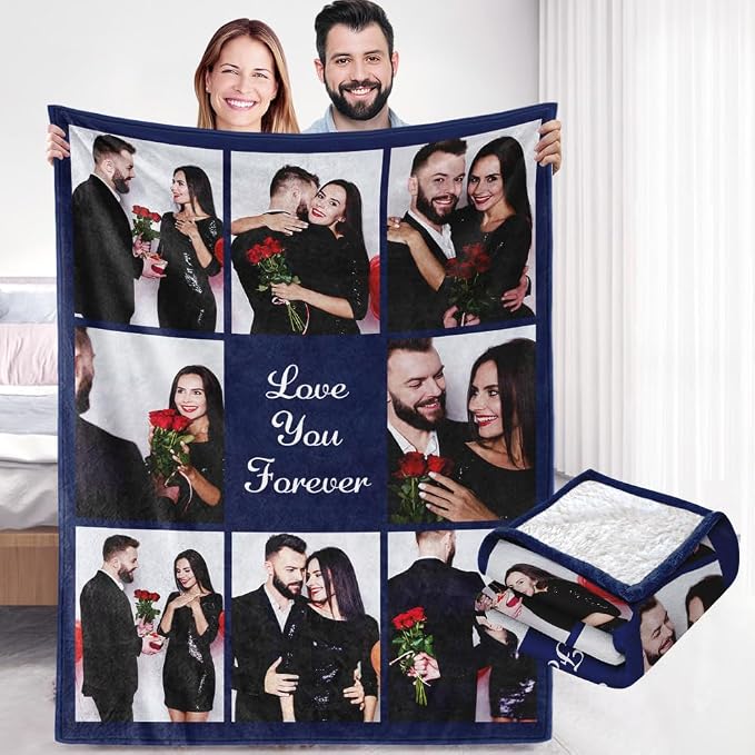 Ships Next Day, Custom Sherpa Fleece Blanket with Photos Text Soft Warm Custom Blanket Personalized Couples Gifts for Boyfriend Girlfriend Customized Picture Blanket Gifts for Christmas Valentines Day
