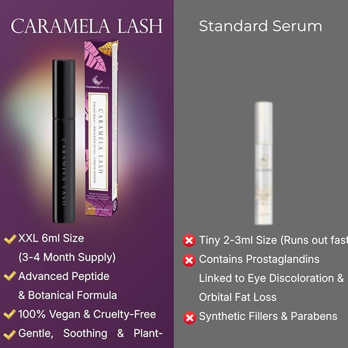 Caramela Lash Eyelash Growth Serum - Prostaglandin Free, Safe for Sensitive Eyes - Dual Peptide Complex & Vitamin B5 for Longer, Fuller, Thicker Lashes - 6ml, 4 Month Supply - Vegan & Cruelty-Free