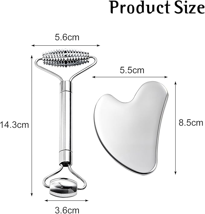 erdnretl Gua Sha & Face Roller, Stainless Steel Gua Sha Facial Tools for Face, Eyes,Chin & Jawline Sculpting,Body Gua Sha Tools with Pouch