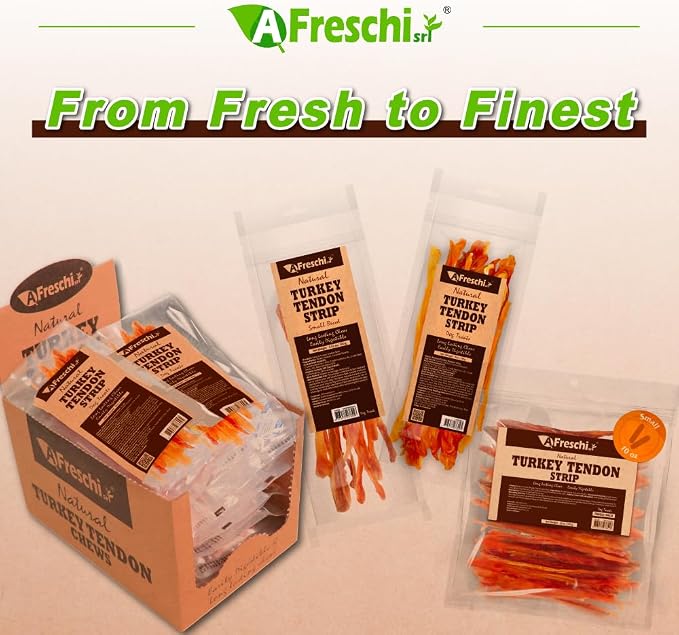 A Freschi srl Turkey Tendons for Dogs, USA-Sourced Human Grade, Rawhide-Free Long-Lasting Puppy Chews, All Natural Hypoallergenic Dog Treats for Small Breeds, Strips, 3oz Pack