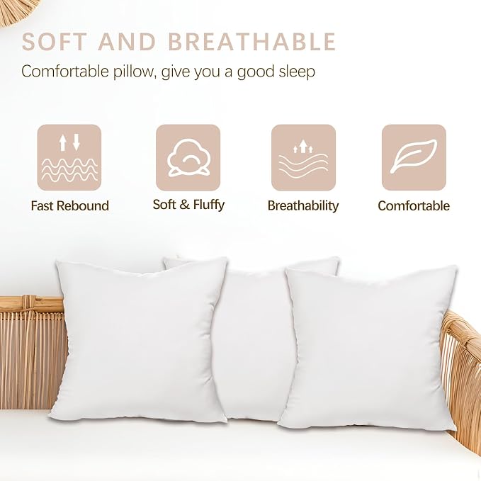Throw Pillows Insert Set of 2, White 22x22 in Pillow Inserts with 100% Cotton Cover,Bed and Couch Decorative Stuffer Pillows,Indoor Pillows for Sofa