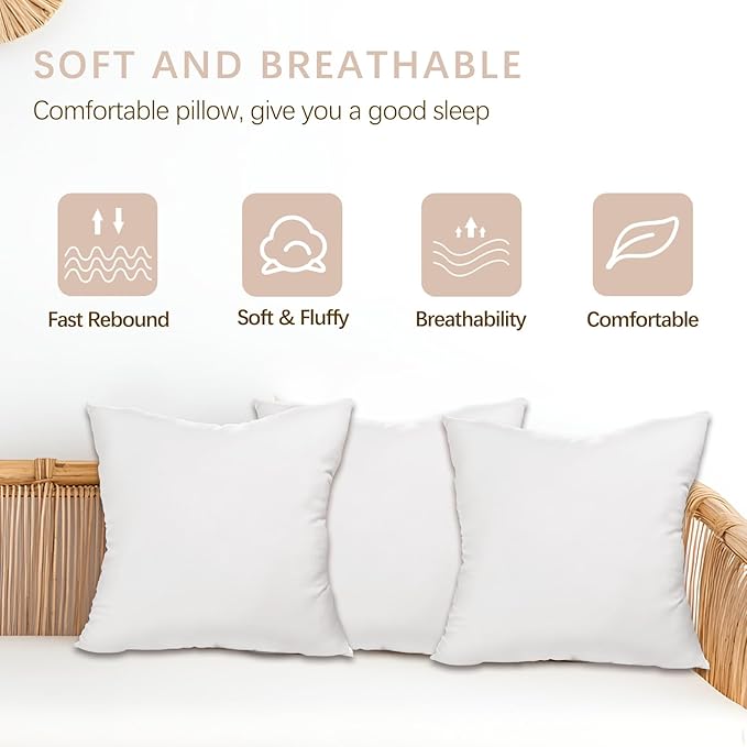 Throw Pillows Insert Set of 2, White 16x16 in Pillow Inserts with 100% Cotton Cover,Bed and Couch Decorative Stuffer Pillows,Indoor Pillows for Sofa