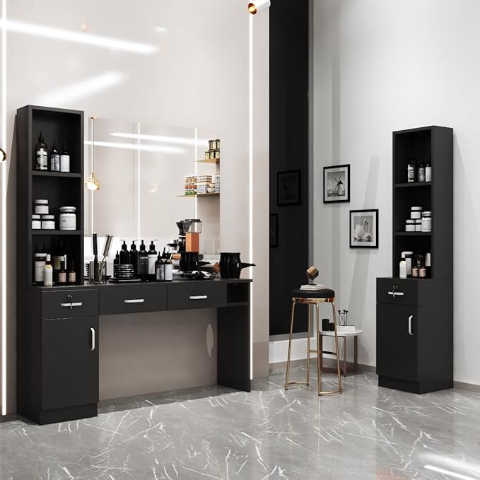 Paddie Barber Salon Station Wall Mount Hair Styling Salon Equipment Set Beauty Spa Furniture Set, Lockable Left Shelf, Mirror not Included(Black)