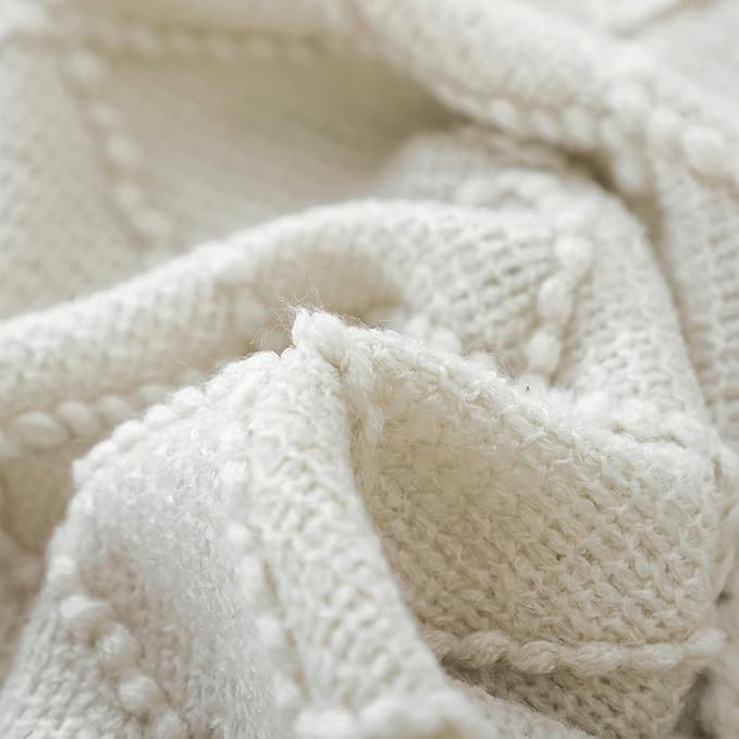 BOURINA Beige Throw Blanket 50x90 Inch Boho Knitted Soft Throw Sofa Blanket | Knitted Throw Blanket 50x90 Inches, Soft Lightweight Boho Weave Throw Decorative Couch Blanket for Living Room Bed Runner