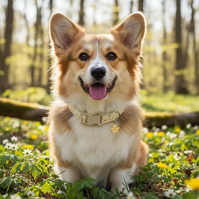 Dog Collar, Unique Floral Dog Collar Girl, Spring Summer Design Pet Collar with Cute Charm, Quick Release Buckle and Durable Fabric, Suitable for Small, Medium and Large Dogs