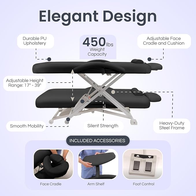 Electric Lift Back Massage, Spa, and Treatment Table | Adjustable Height and Backrest | ADA Compliant | 2 Year Warranty | Foot Control