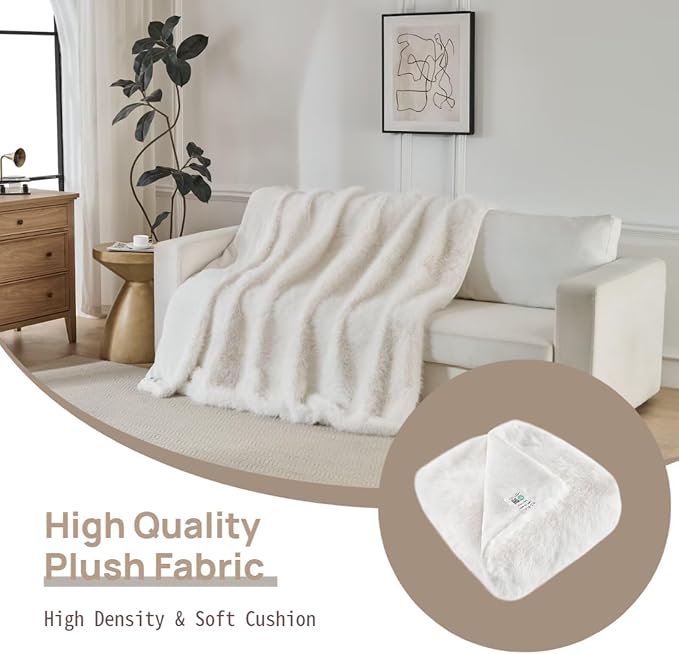 Luxury Fluffy Faux Fur Throw Blanket, Thick Silky Fuzzy Cozy Blanket, Plush Blankets for Couch, Sofa, Chair, Bed - Ivory White, 50x60 Inches