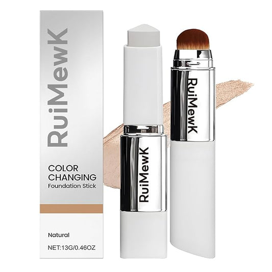 Color Changing Foundation Stick, Medium to Full Coverage Cream Stick Hydrating Makeup, Dual-Ended with Soft Brush for Flawless Look, Portable & Travel-Friendly (Natural)